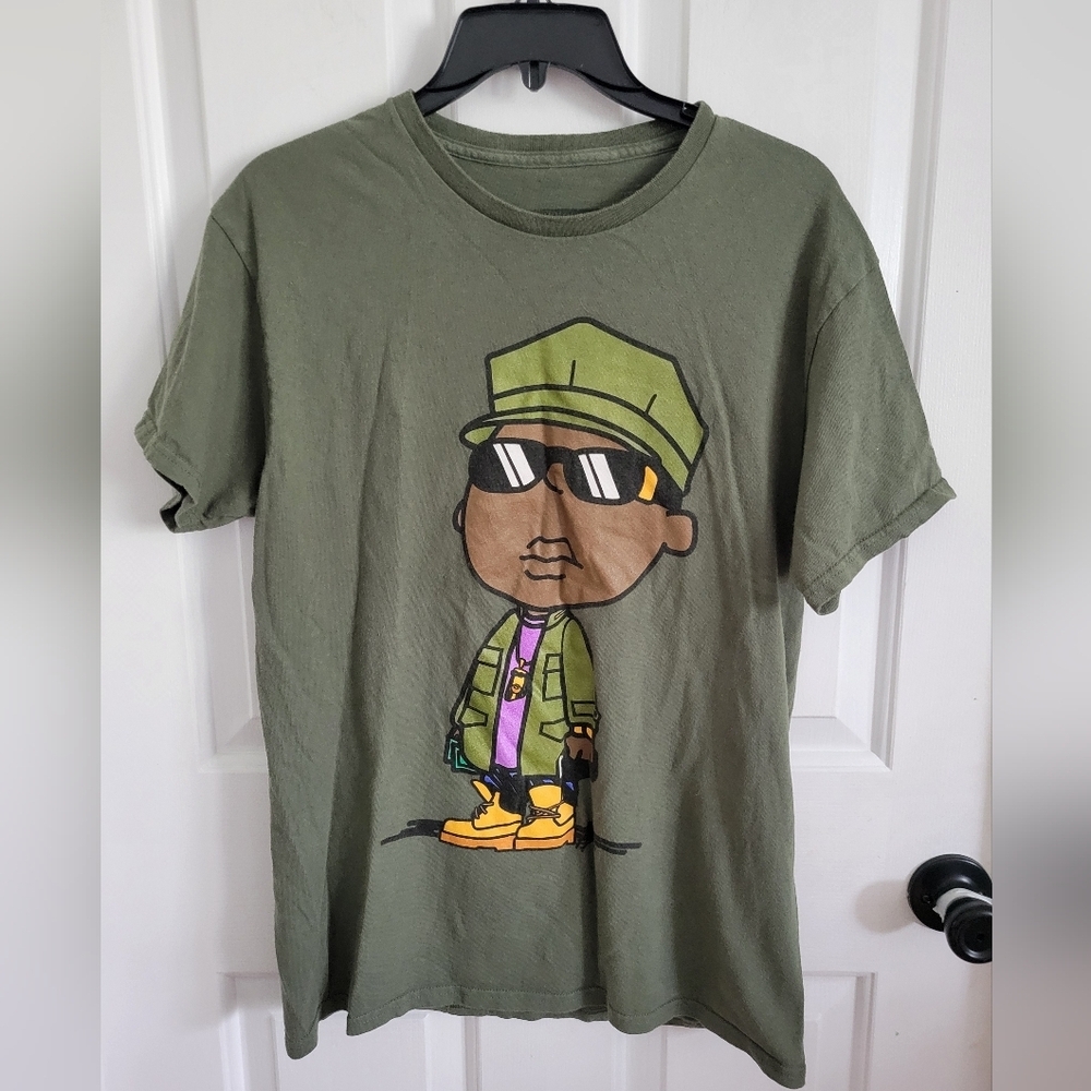 Notorious B.I.G Cartoon Olive Green Short Sleeve Graphic T-Shirt Size Medium